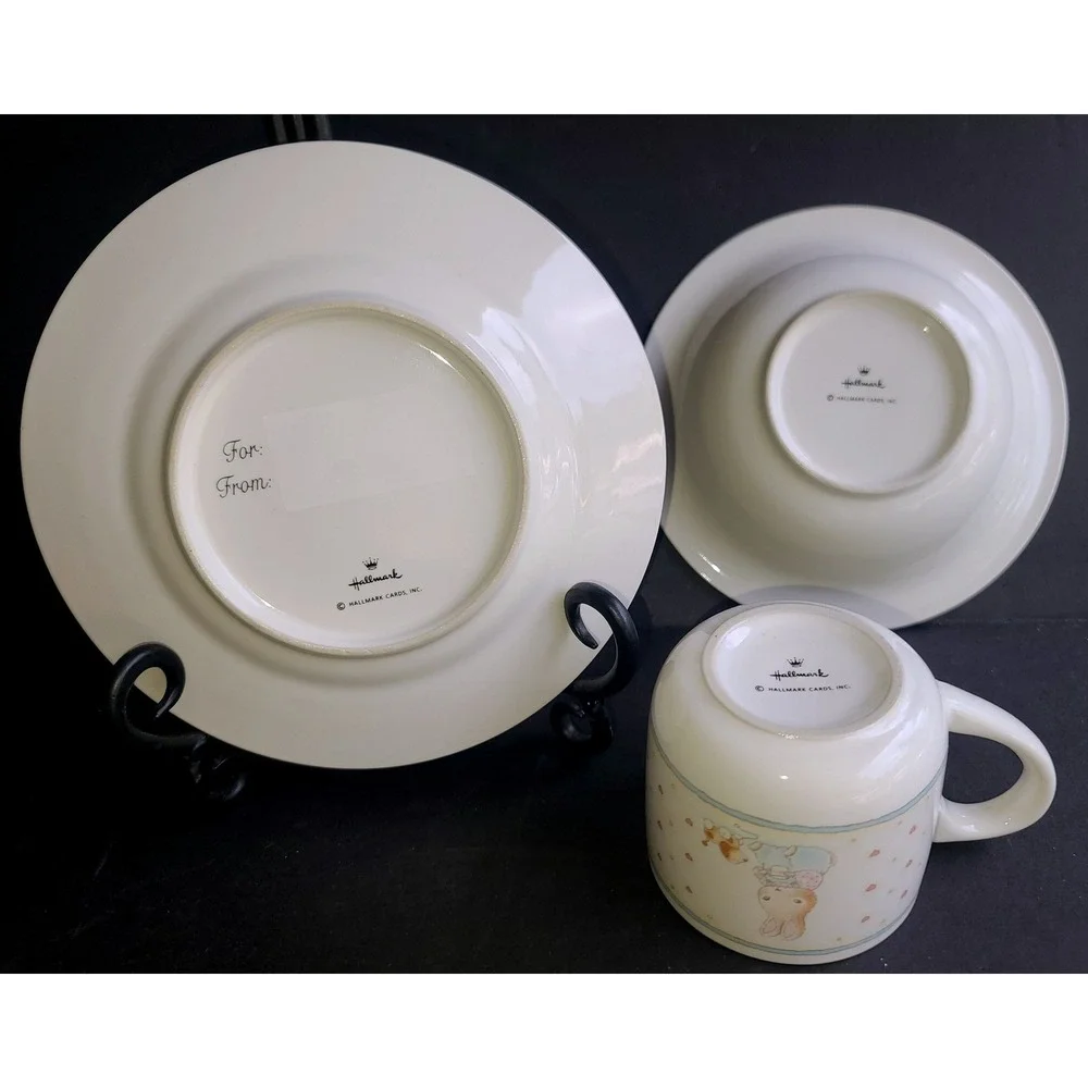 Hallmarks Beatrix Potter Childs 3 Piece Ceramic Plate Bowl Mug Set Pastel Hearts